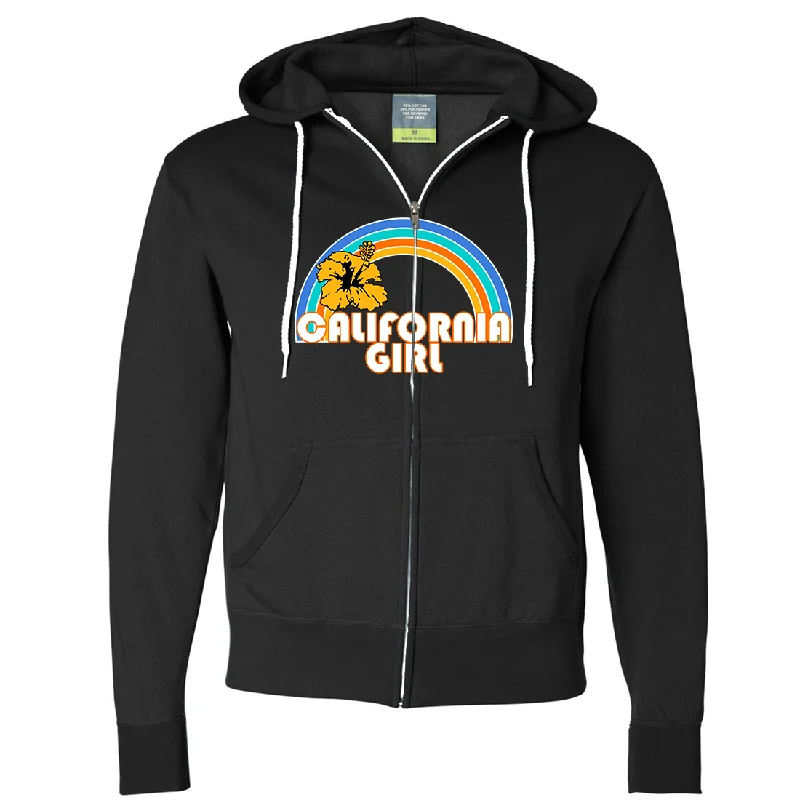 Cozy Street Style California Girl Rainbow Hibiscus Zip-Up Hoodie