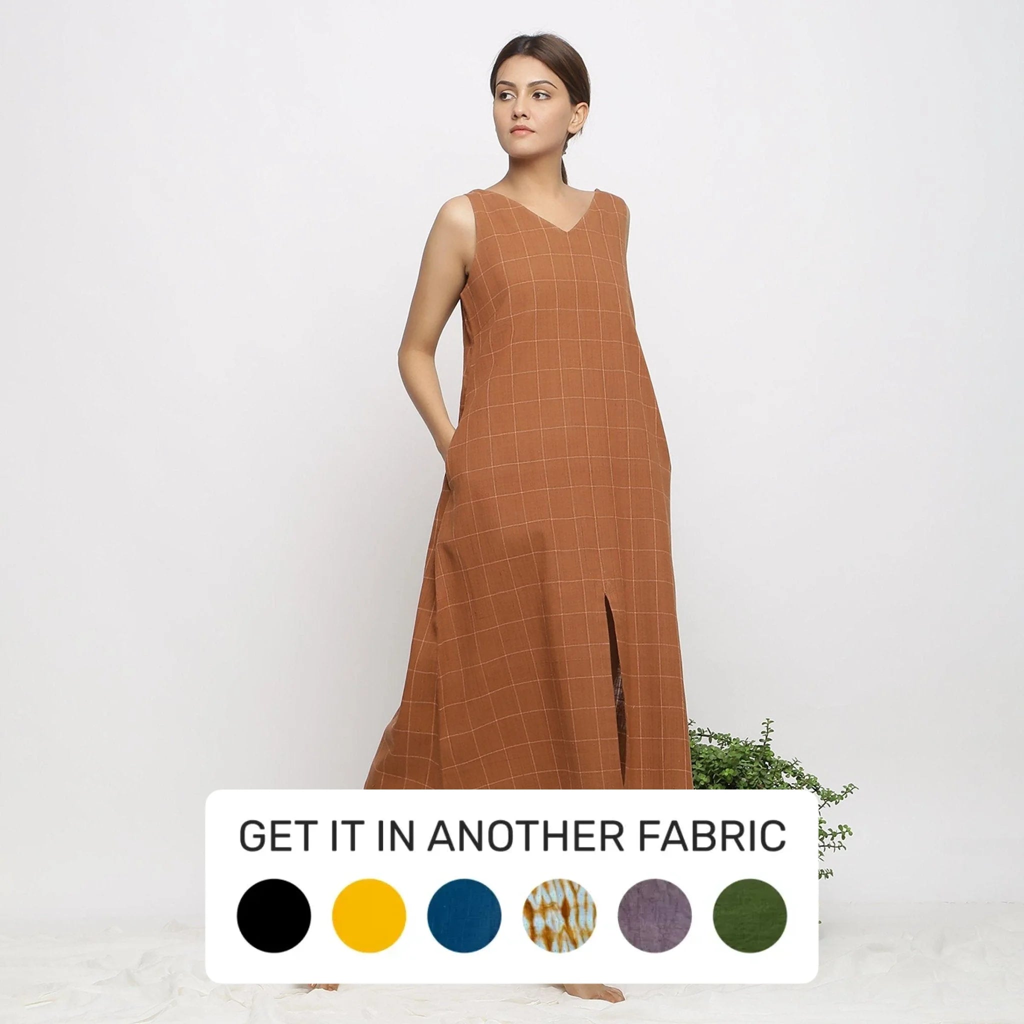 Effortless Looks Brown Handspun Cotton Front Slit Midi Dress
