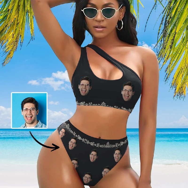 Sports And Leisure Custom Face Black Women's Off-Shoulder Bikini Set One Shoulder Cutout Bikini Set Two Piece Bathing Suit Sports And Leisure Custom Face Black Women's Off-Shoulder Bikini Set One Shoulder Cutout Bikini Set Two Piece Bathing Suit