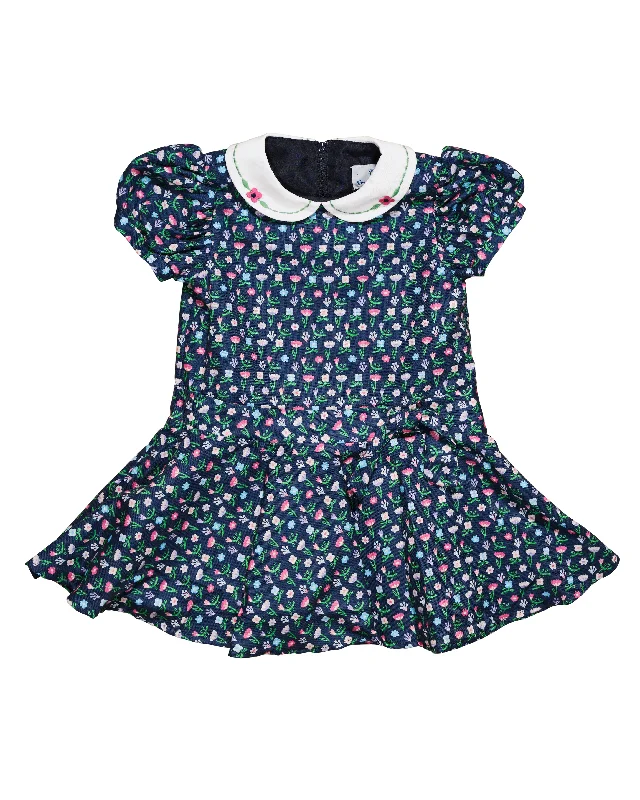 Simple Design Floral Dress With Embroidered Collar
