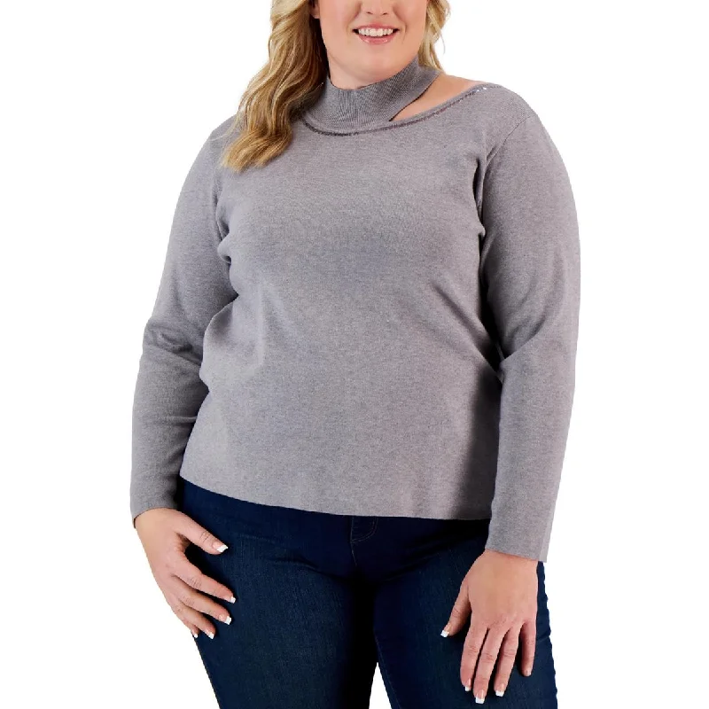 Cute Design Plus Womens Sequined Mock Neck Pullover Sweater