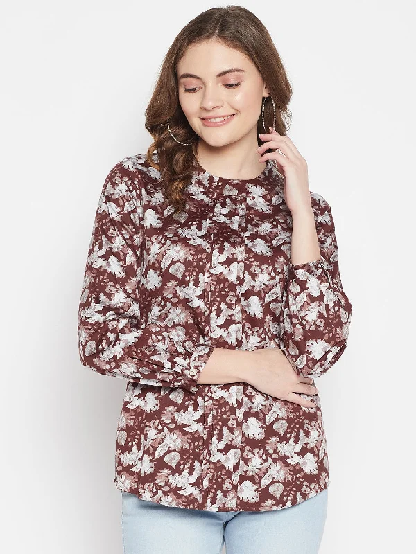Cozy Lounge Wear Women's Casual  Brown Floral Print Round neck Top