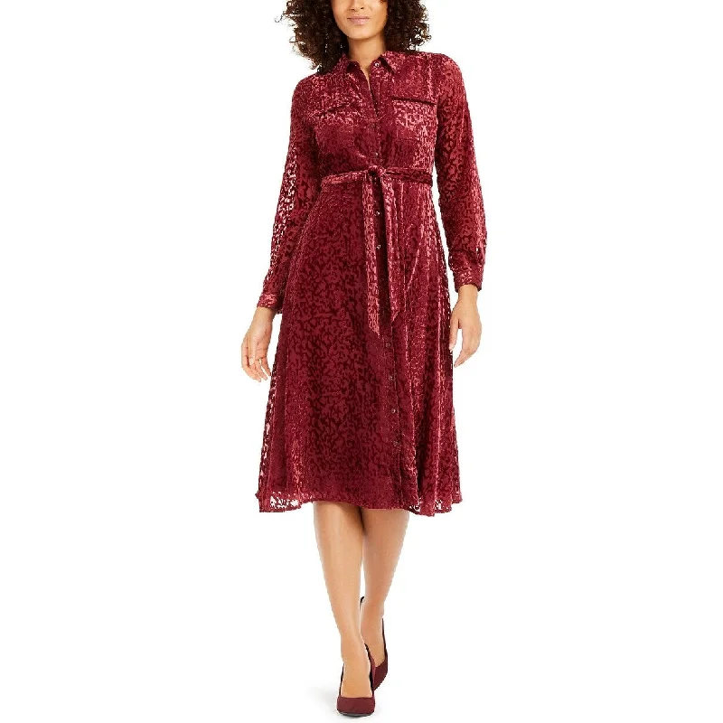 Loose Fit Alfani Women's Velvet Burnout Belted Shirtdress Wine Size 10