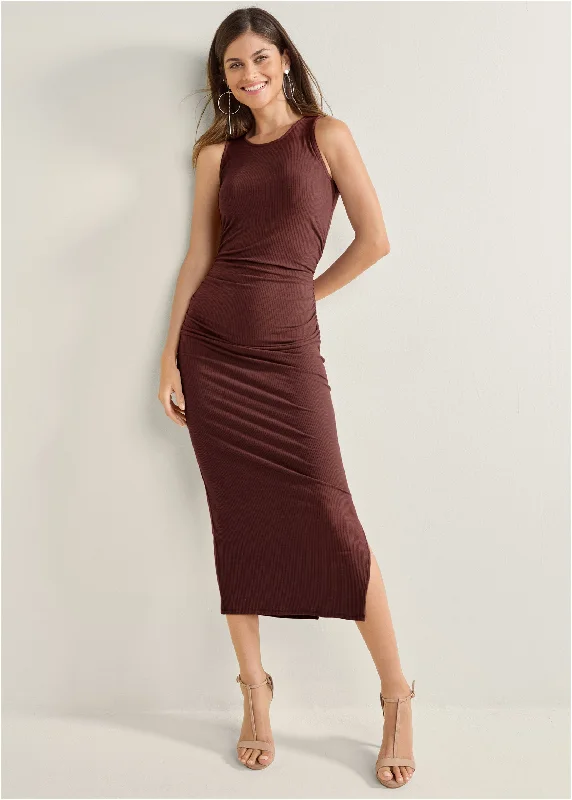 Feminine Charm Ribbed Bodycon Midi Dress - Auburn