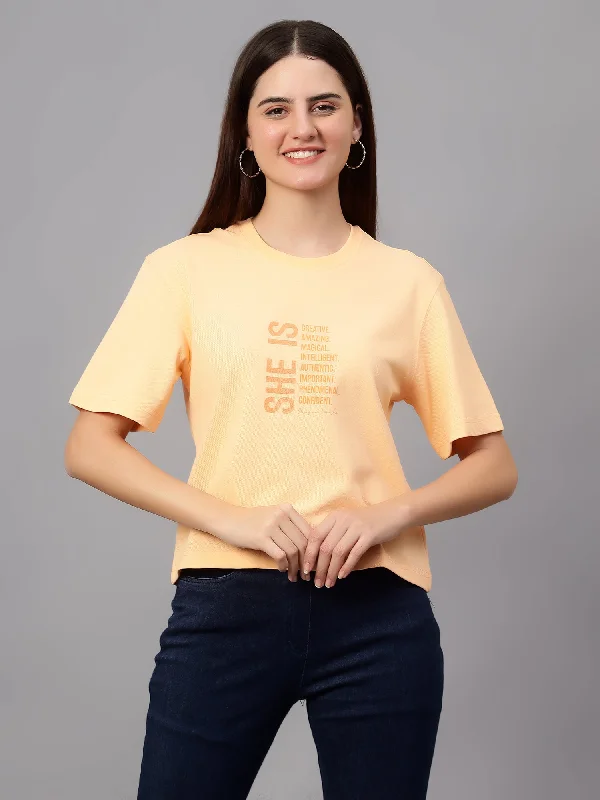 Easy-to-Wear Women's Casual Regular Short Sleeve Peach Round neck Typographic Print T-Shirt