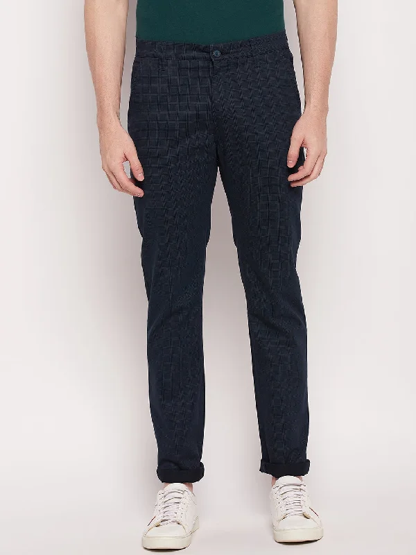 Elegant Style Men's Casual Flat front Navy Blue Checks Trousers