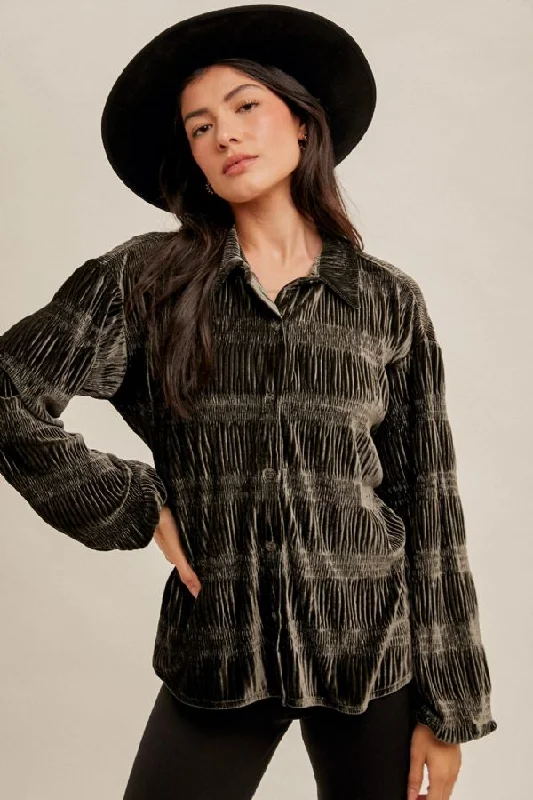 Classic Smocked Velvet Textured Button Down Shirt