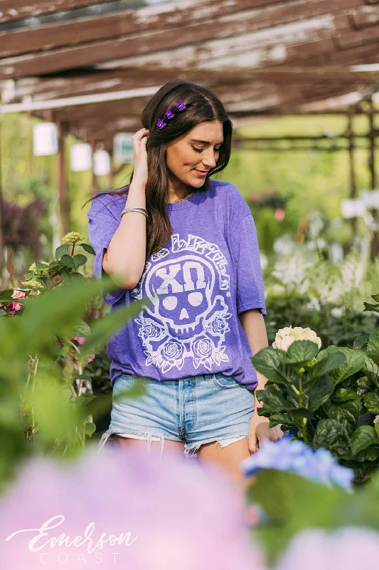 Elegant And Lazy Chi Omega Big-Little Purple Skull Tee