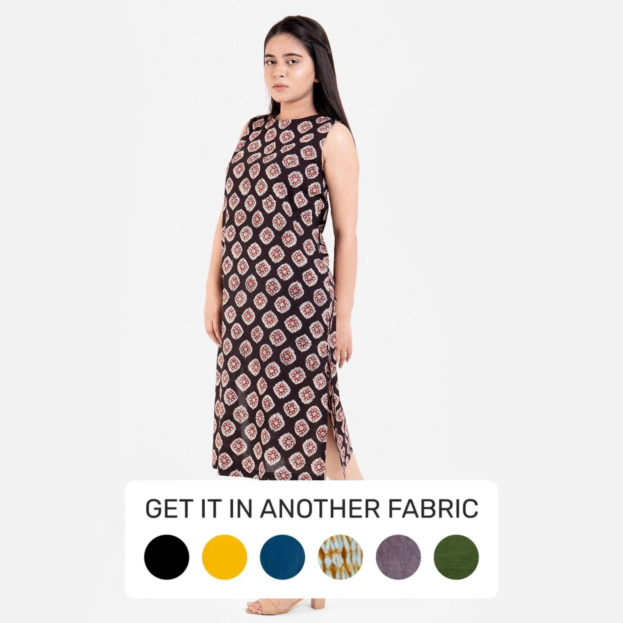 Warm Atmosphere Natural Dyed Black Block Printed Cotton Midi Shift Dress