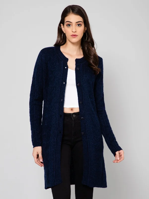 College Style Women's Casual  Navy Blue Round neck Cardigan Sweater