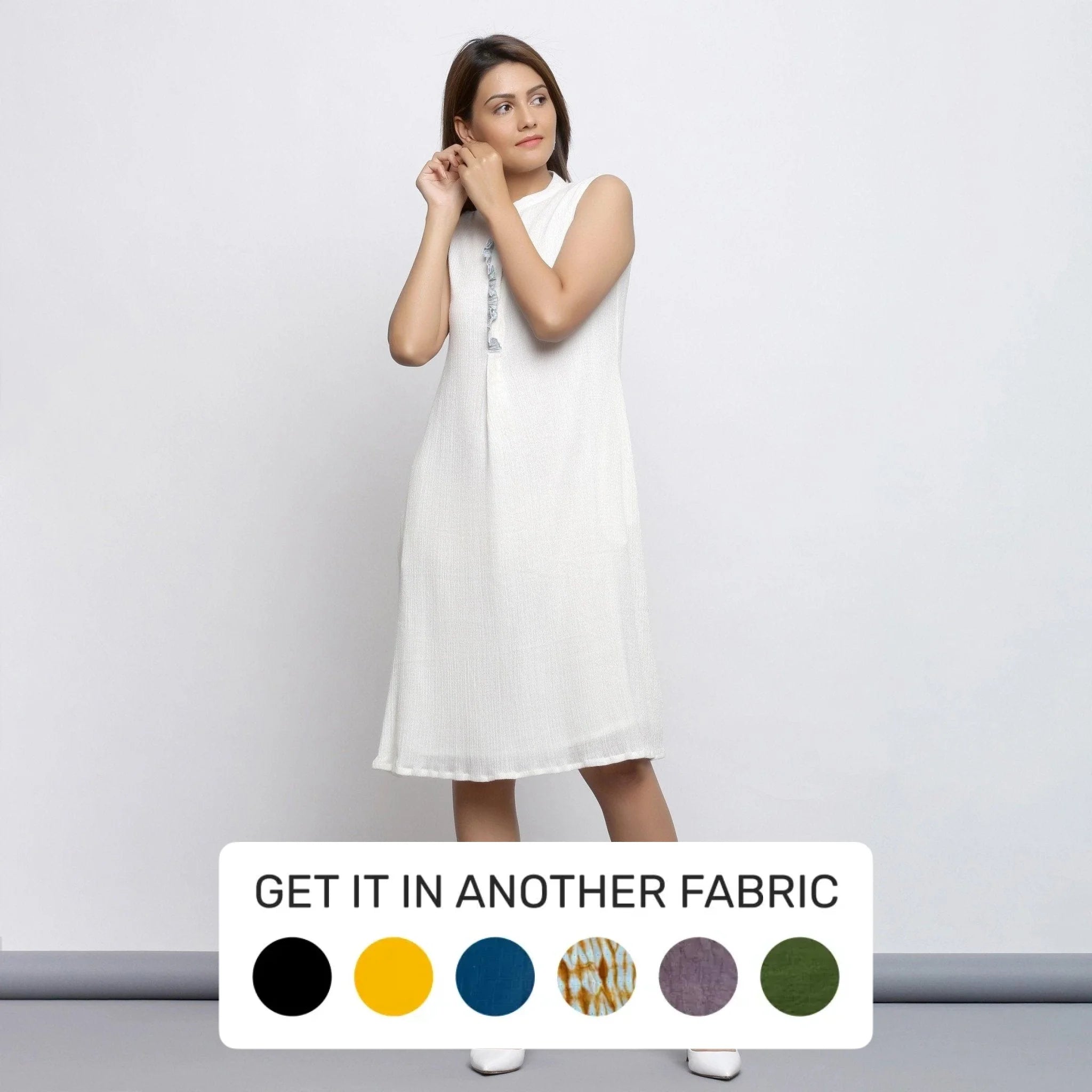 Weekend Comfort Off-White Crinkled Cotton Mandarin Collar Knee Length Dress
