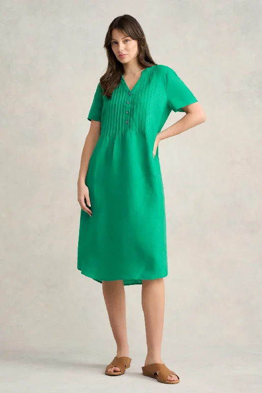 Casual Comfort Wear Pleated Front French Linen Dress - Vibrant Green