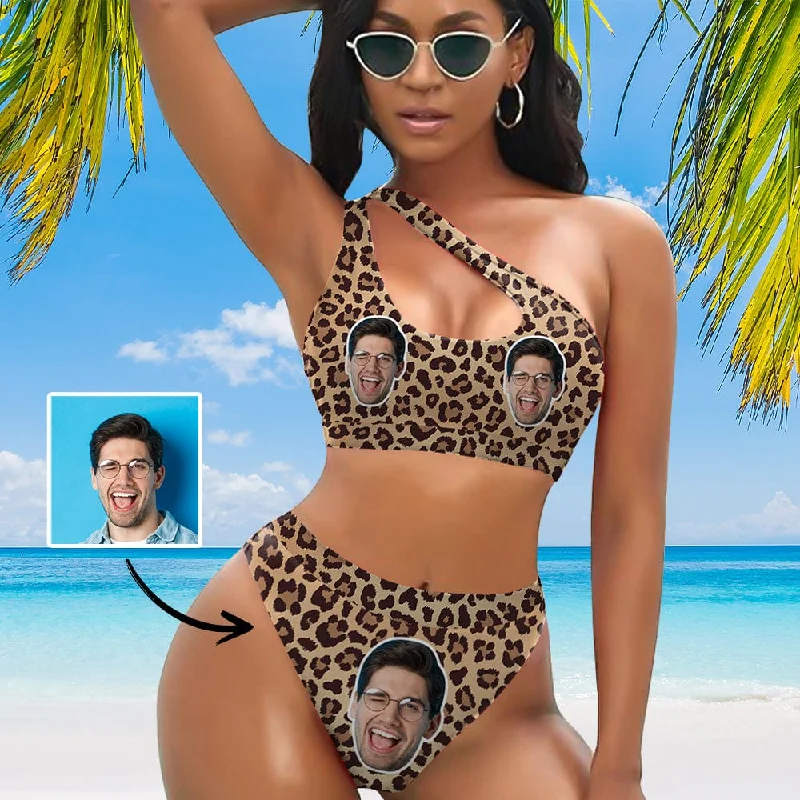 Simple Matching Custom Face Leopard Women's Off-Shoulder Bikini Set One Shoulder Cutout Bikini Set Two Piece Bathing Suit Simple Matching Custom Face Leopard Women's Off-Shoulder Bikini Set One Shoulder Cutout Bikini Set Two Piece Bathing Suit