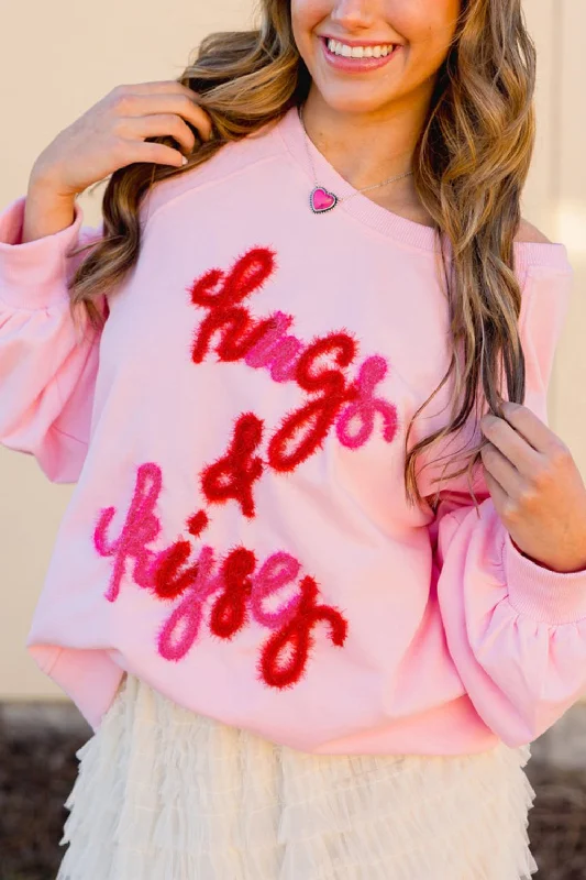 Sweet Girl Valentine’s Day HUG AND KISSES Round Neck Sweatshirt