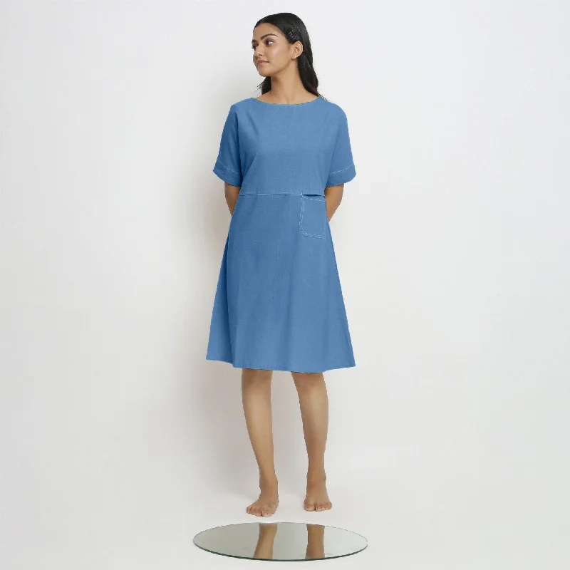 Personalized Wear Powder Blue Handspun Cotton Knee Length Yoked Dress
