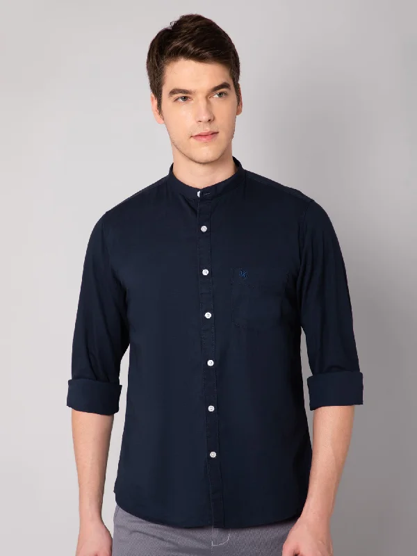 Layered Style Men's Navy Blue Casual Plain Full Sleeve Shirt