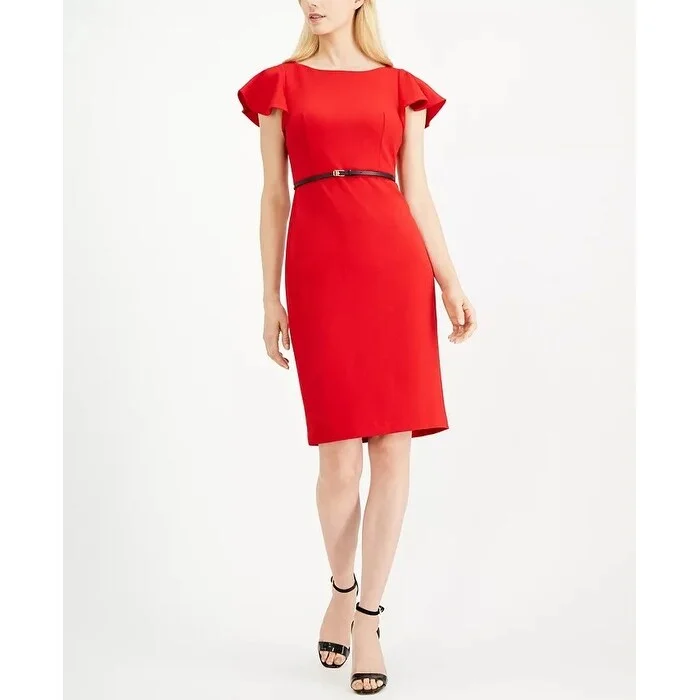 Innovative Design Calvin Klein Women's Belted Ruffle Sleeve Sheath Dress Red Size 8