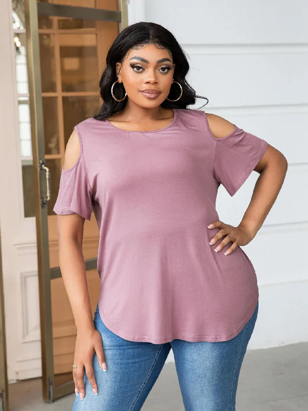 Embroidered Letters Plus Size Cold-Shoulder Round Neck Curved Hem Tee