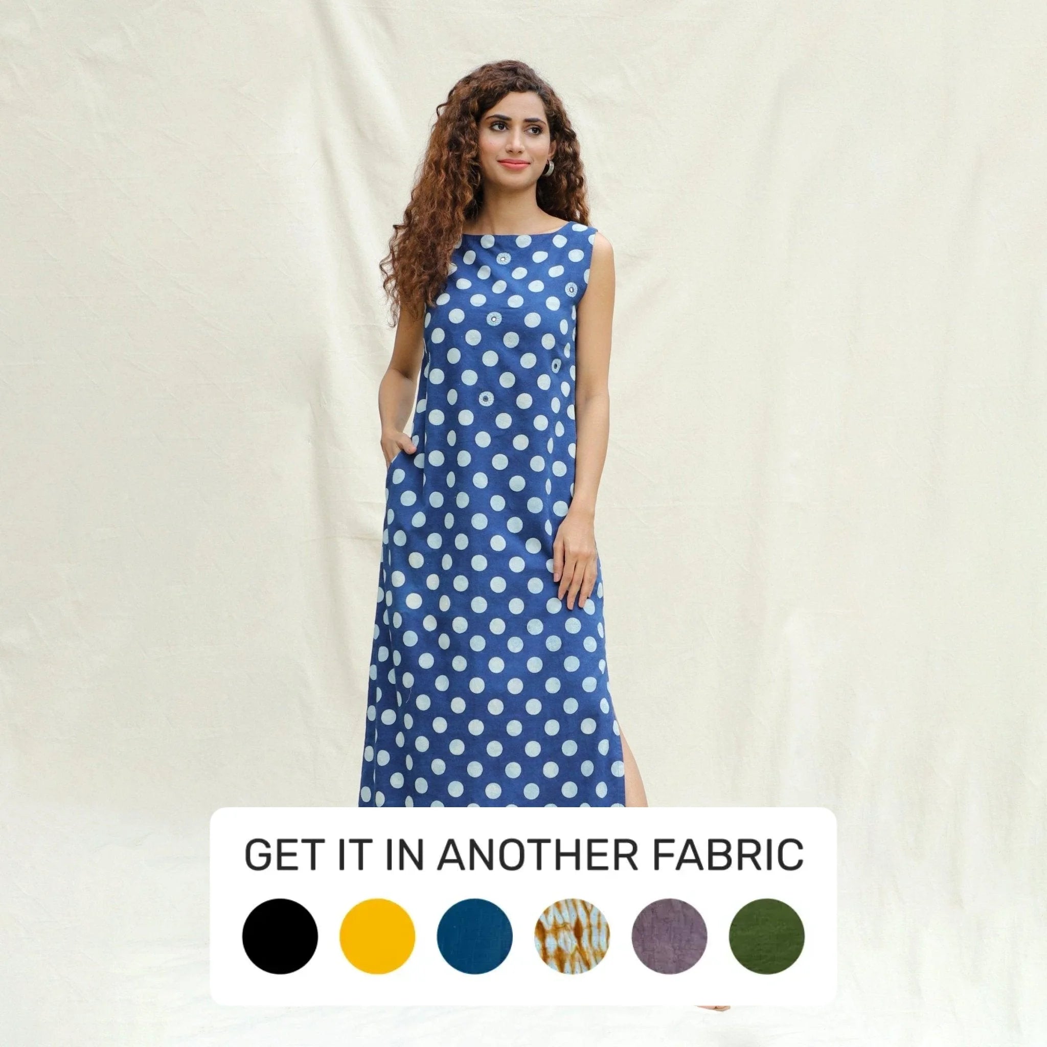 Bottom And Versatile Indigo Polka Dot Block Printed Cotton Ankle Length Shift Dress