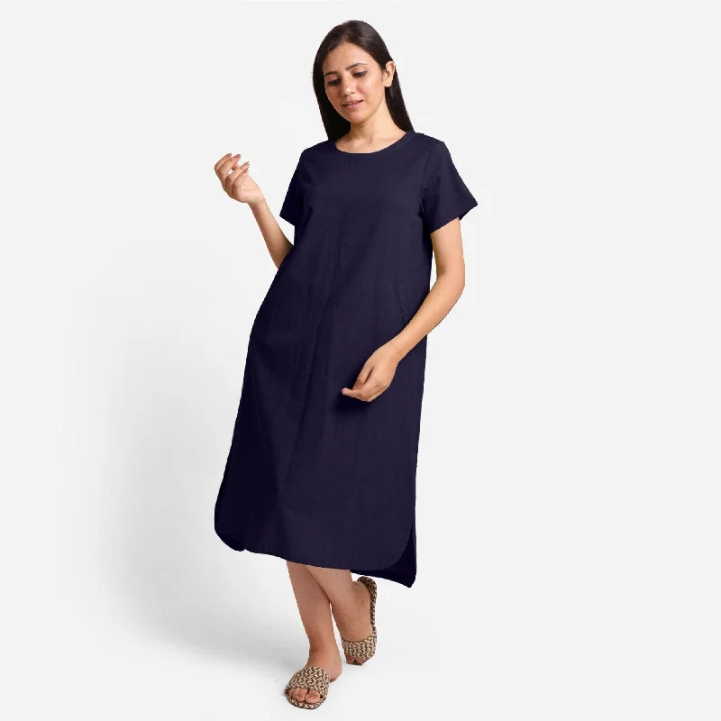 Comfortable Fitwear Navy Blue Cotton Flax High-Low Midi Shift Dress
