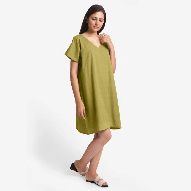 Relaxed Fashion Green Cotton Flax V-Neck Short Shift Tunic