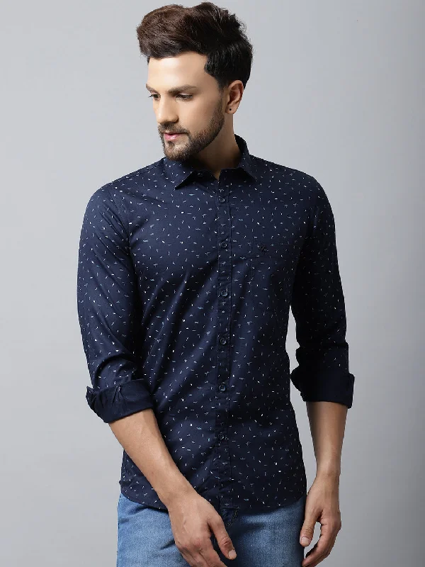 Easy Comfort Style Men's Navy Blue Casual Ditsy Print Full Sleeve Shirt