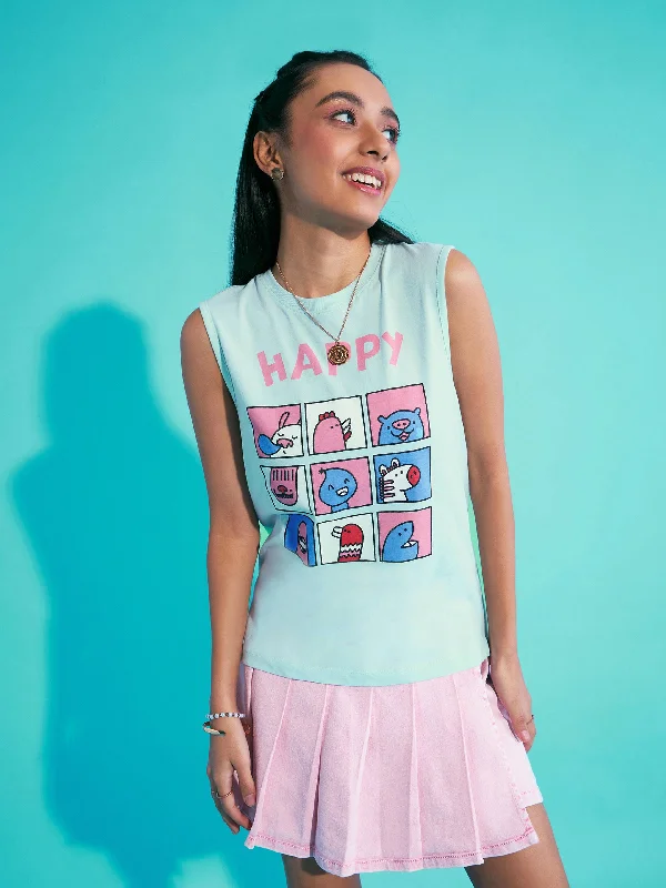 Embroidery Design Girls Blue Happy Print Sleeveless T-Shirt