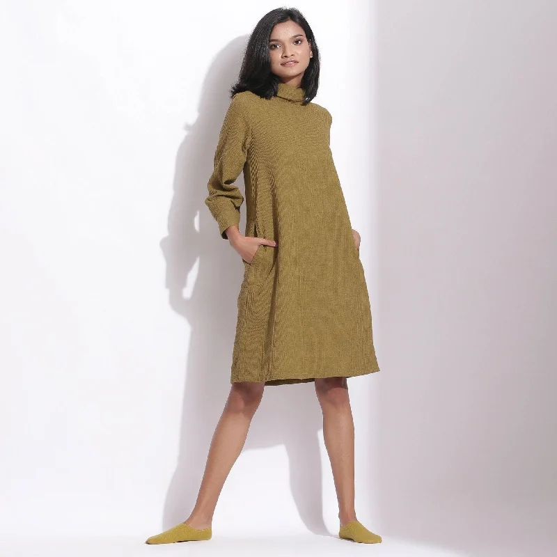 Versatile Wear Olive Green Warm Cotton Waffle Knee Length Shift Dress