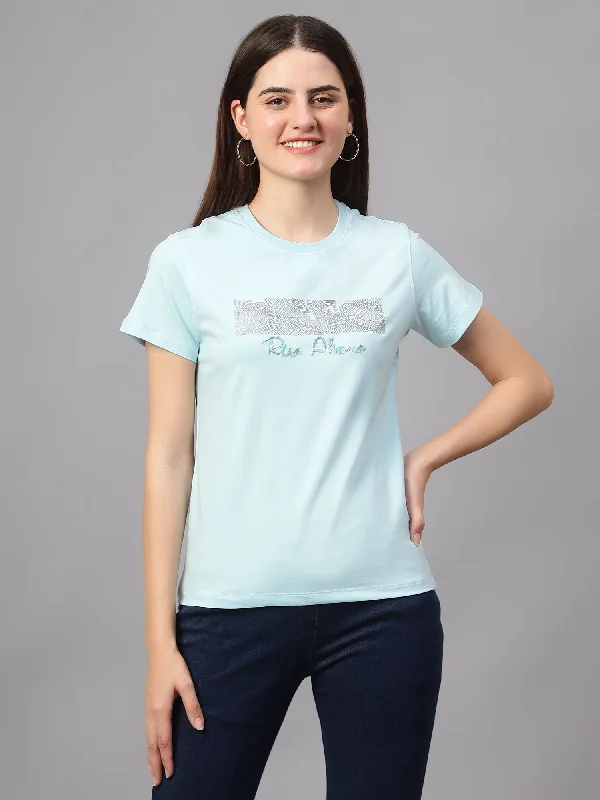 Timeless Style Women's Casual Regular Short Sleeve Sky Blue Round neck Bead work & Print T-Shirt Timeless Style Women's Casual Regular Short Sleeve Sky Blue Round neck Bead work & Print T-Shirt