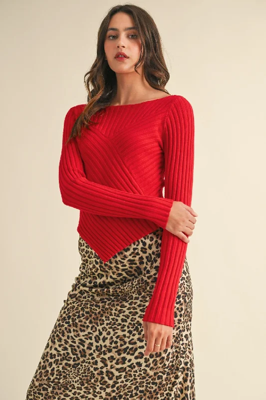 Comfortable Fashion Paige Pointed Hem Ribbed Sweater, Red
