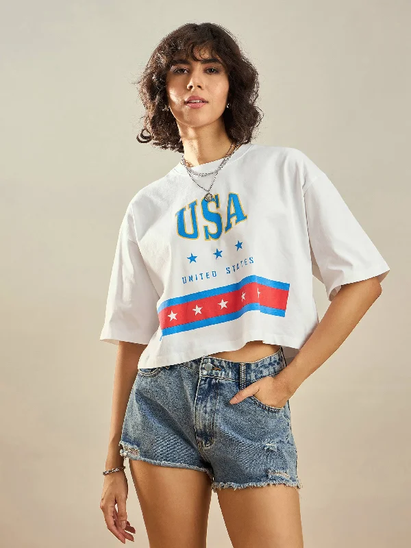 Classic Series Women White USA Printed Crop T-shirt