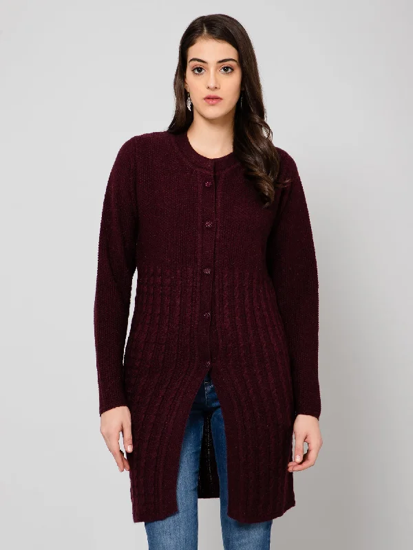 Noble And Elegant Women's Casual  Wine Round neck Cardigan Sweater