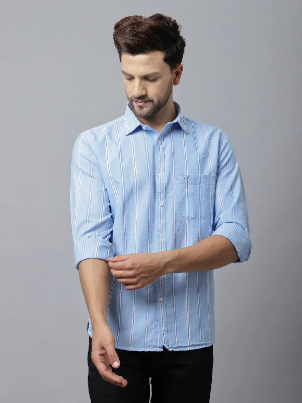 Simple Looks Men's Sky Blue Casual Broad Stripe Full Sleeve Shirt