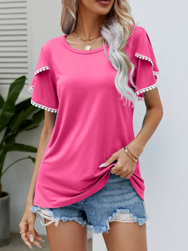 Versatile Outfits Pom-Pom Trim Flutter Sleeve Round Neck Tee