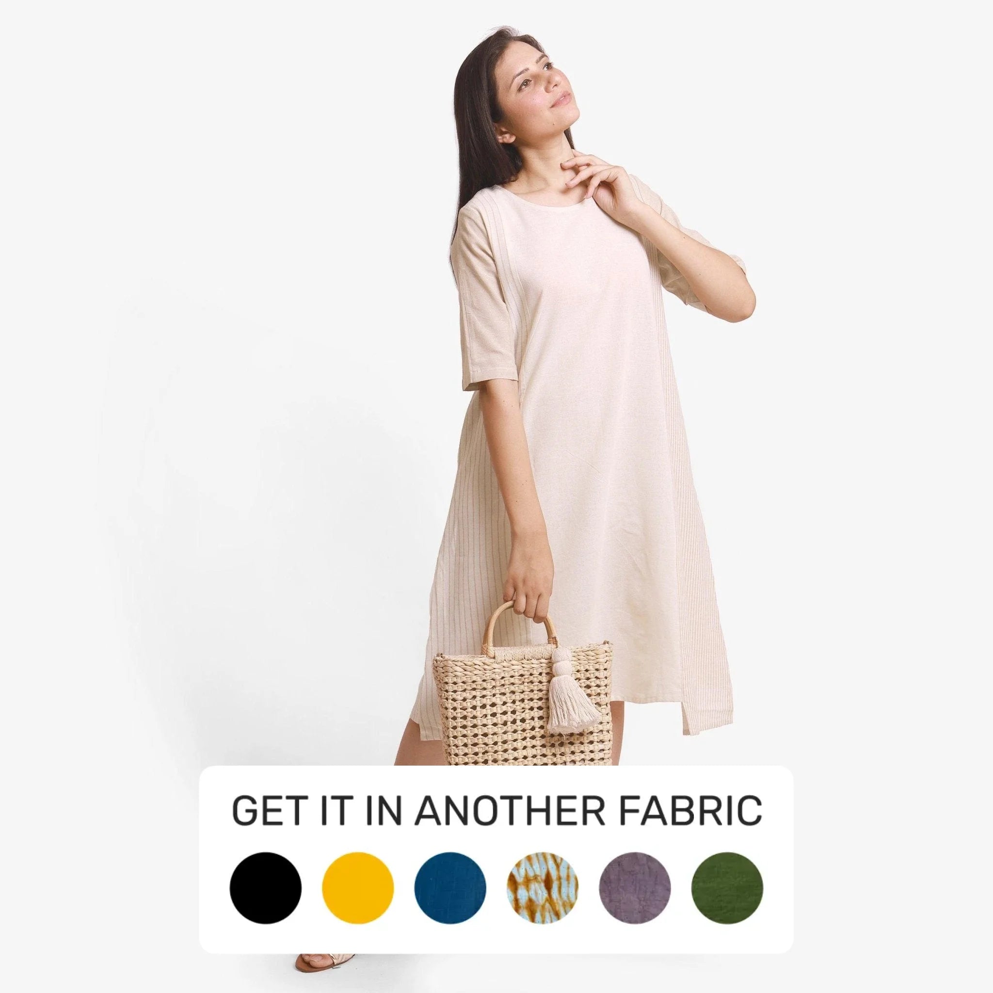 Soft Wearables Beige Yarn Dyed Cotton Paneled Midi Dress