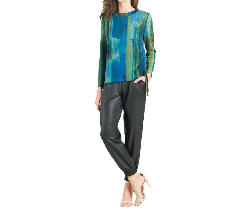 Casual And Versatile Side Pull-Tie Sweater Top In Green/blue