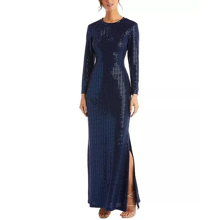 French Retro Morgan & Co. Women's Long Sleeve Sequin Knit Gown Navy Size Small