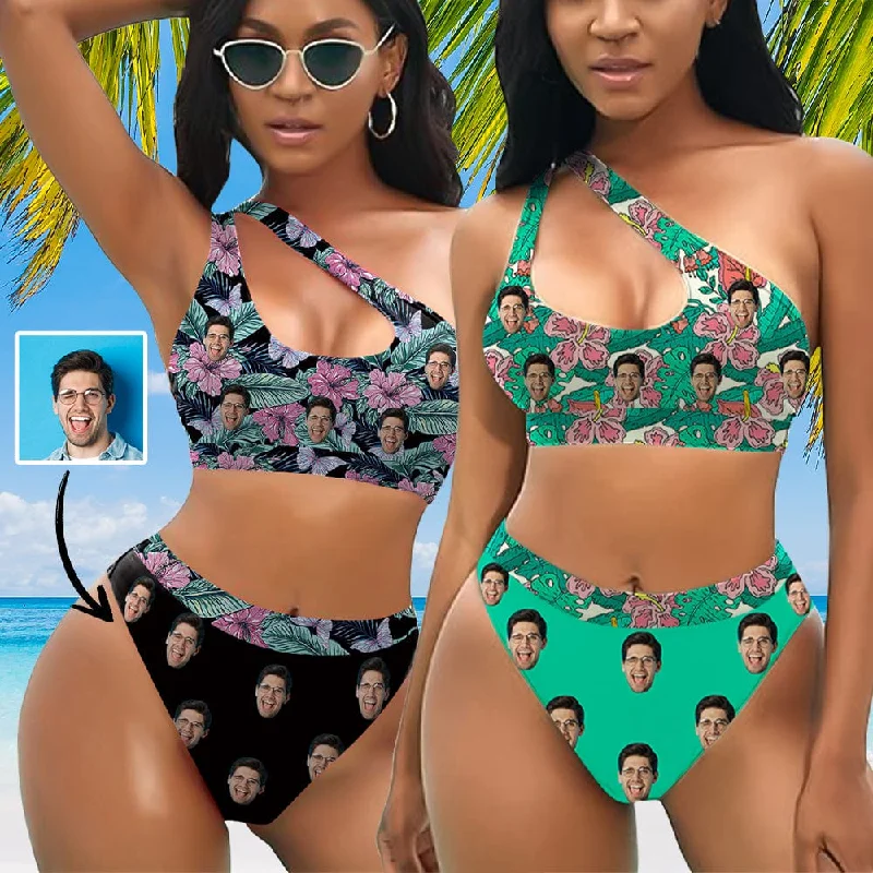 Modern City Custom Face Floral Women's Off-Shoulder Bikini Set One Shoulder Cutout Bikini Set Two Piece Bathing Suit Modern City Custom Face Floral Women's Off-Shoulder Bikini Set One Shoulder Cutout Bikini Set Two Piece Bathing Suit