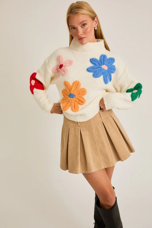 Soft Comfort Lacey Floral Applique Sweater, White Multi