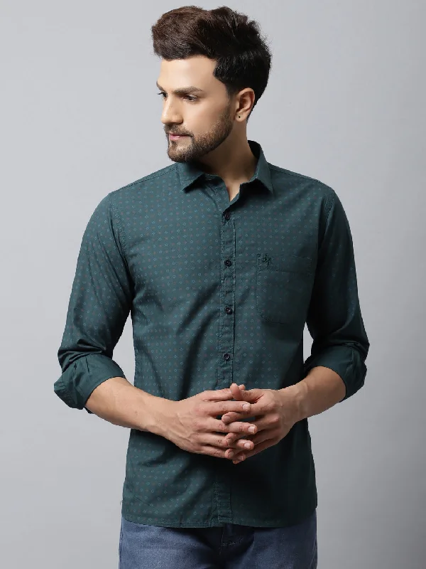 Comfortable Lifestyle Men's Bottle Green Casual Geometric Print Full Sleeve Shirt