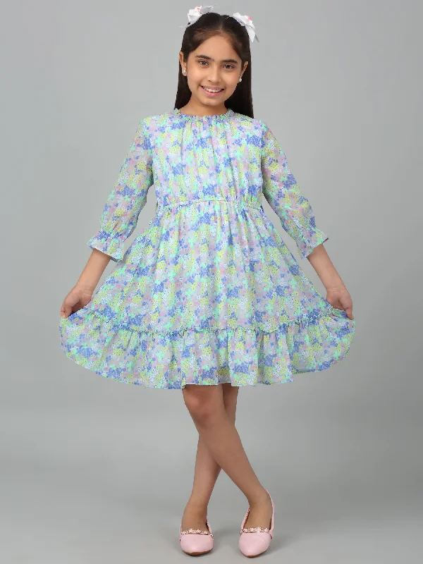Easygoing Fashion Girls Blue 3/4th Sleeves Floral Print Dress