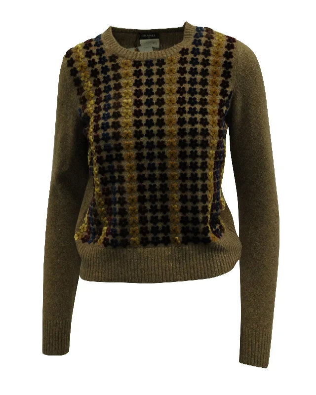 Fresh And Elegant Chanel Floral Knit Sweater in Brown Wool