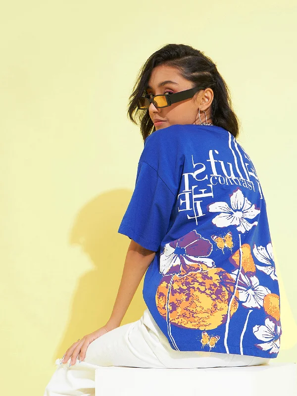 Daily Comfort Girls Royal Blue Floral Print Oversized T-Shirt