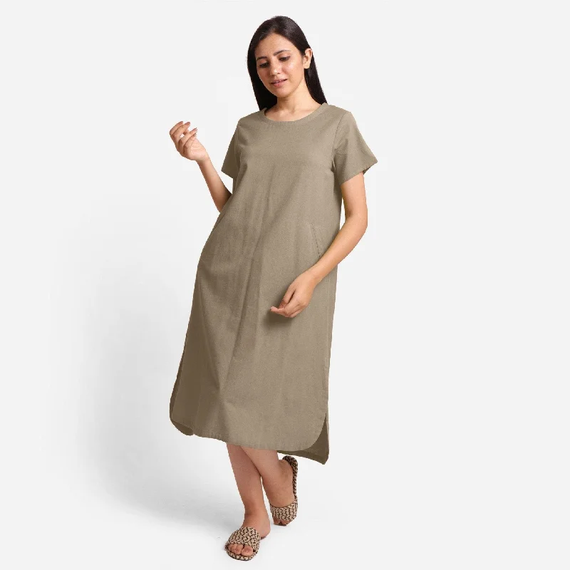 Low-key Luxury Beige Cotton Flax High-Low Midi Shift Dress