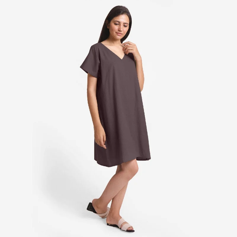 Classic Series Brown Cotton Flax V-Neck Short Shift Tunic