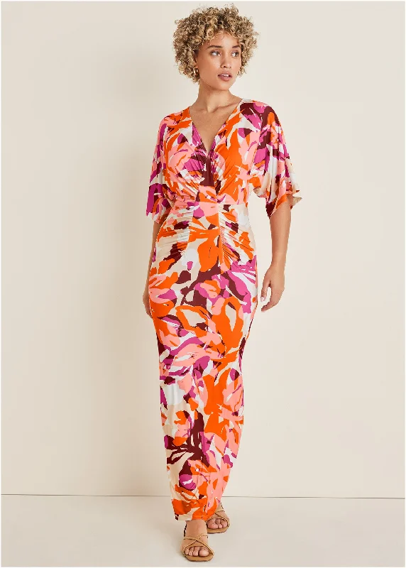 High-end Customization Drape Sleeve Maxi Dress - Desert Floral