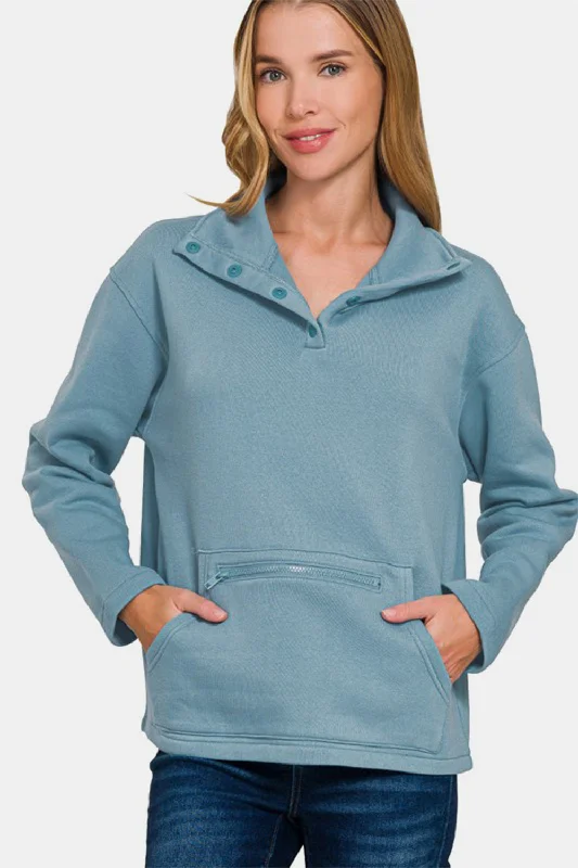 Youthful Zenana Turtleneck Half Snap Fleece Sweatshirt