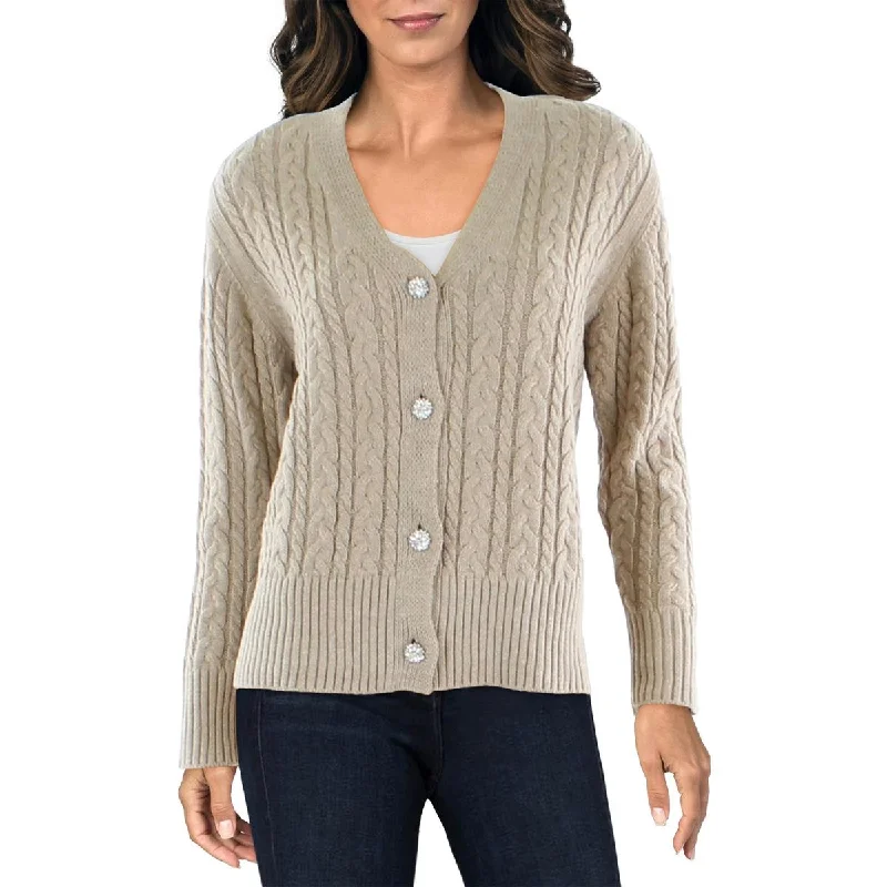 Cozy Chic Trends Womens Embellished Cable Knit Cardigan Sweater