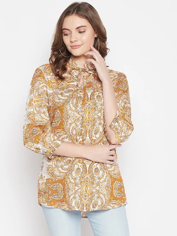 Soft Casuals Women's Casual  Mustard Paisley Print Tie neck Tunic