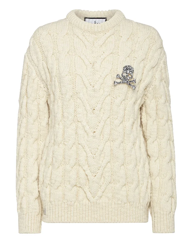 Breezy Comfort Wool Cable Knit Pullover Brooch